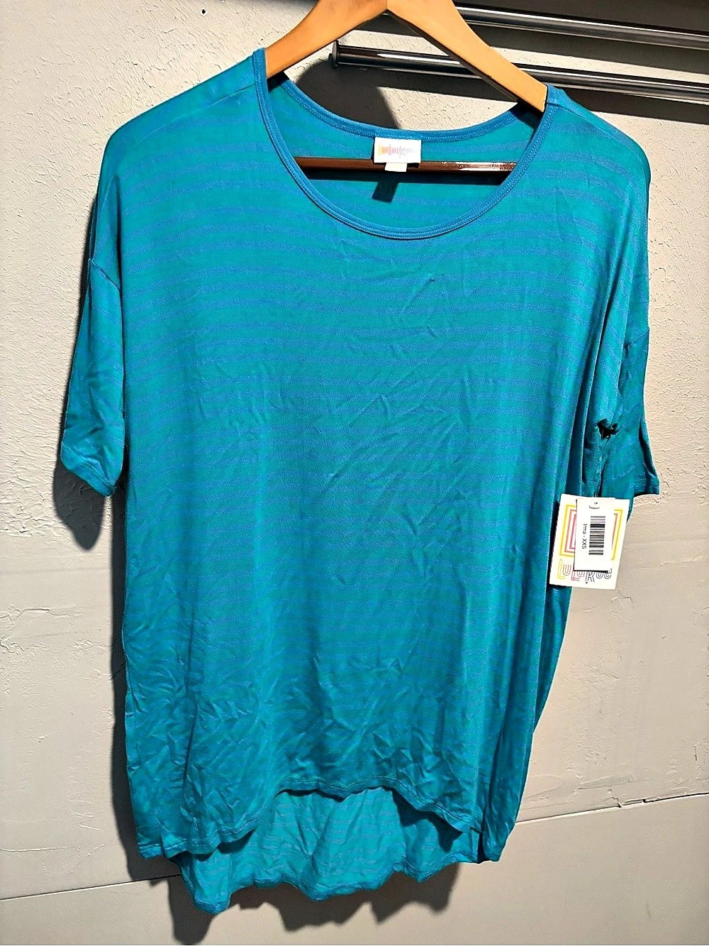 Lularoe Irma Tunic Striped Short Sleeve Top Blue & Green XXS